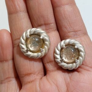 Vintage Liz Claiborne Faux Moonstone Glass Cabochon Silver Tone Stud Earrings